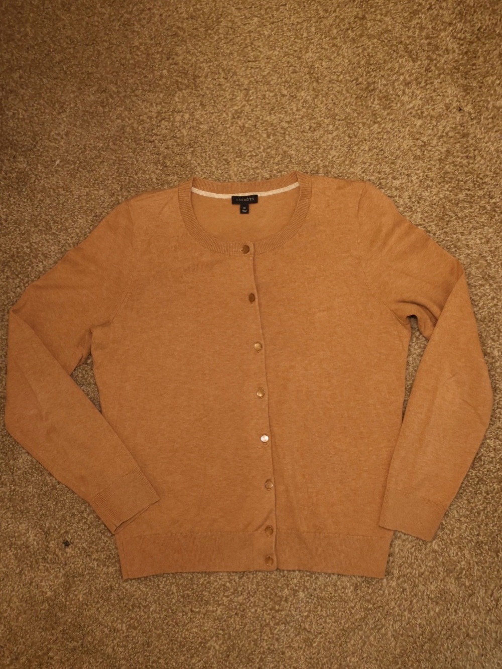 Talbots Camel Crewneck Button-Front Cardigan